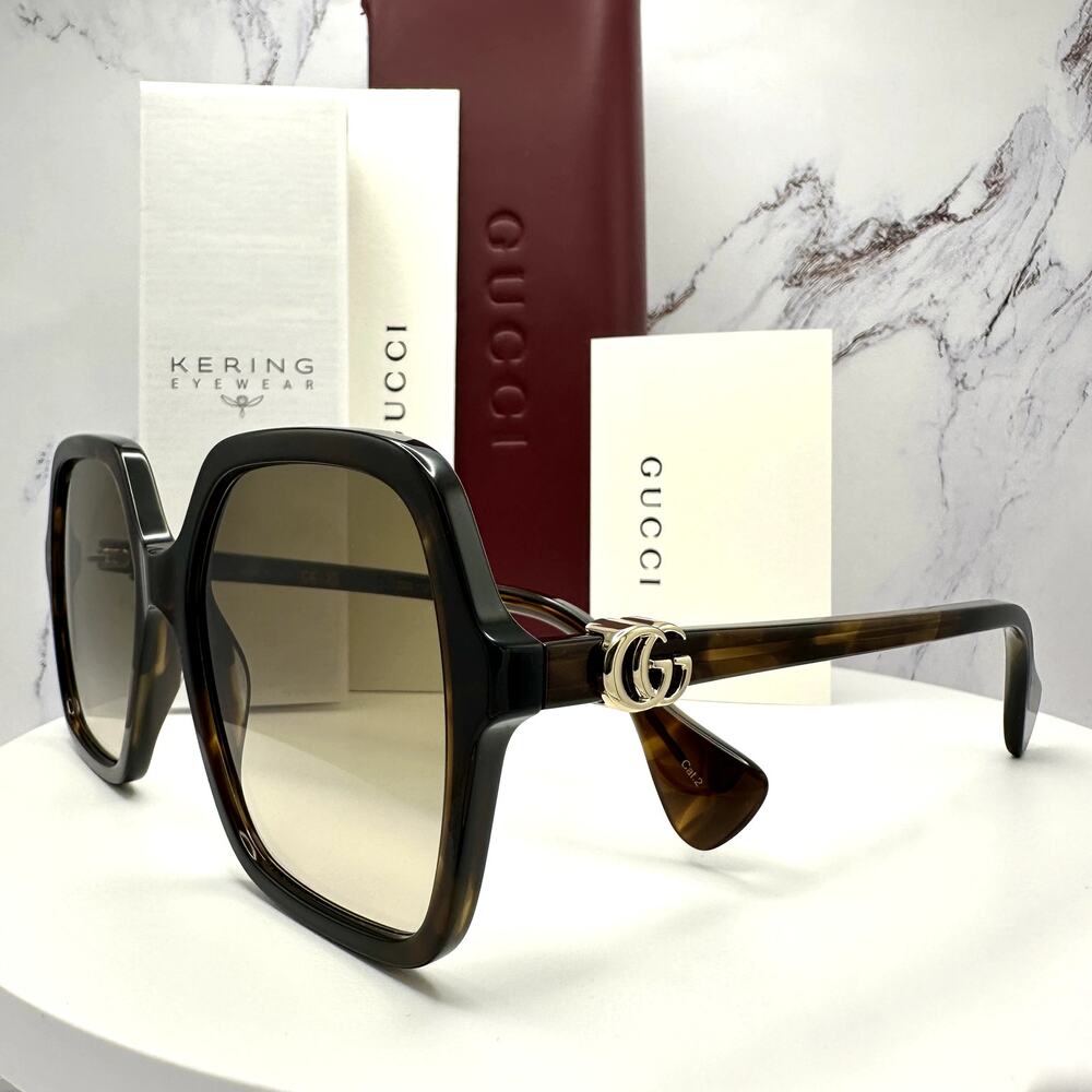 New GUCCI Sunglasses Brown Square Oversized Gold Metal GG Logo 56mm